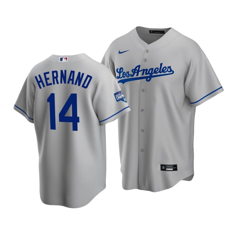Men's Los Angeles Dodgers #14 Kiké Hernández Grey 2020 World Series Champions Home Patch Stitched Jersey